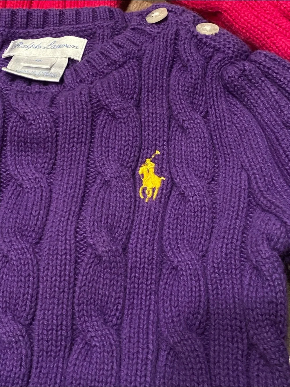 Kids’ Ralph Lauren cable knit purple and raspberry pink cotton sweater lot 6 mo.